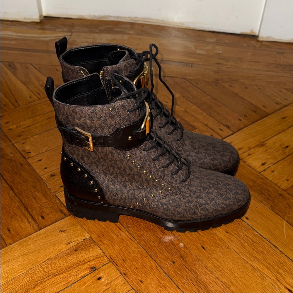 Michael Kors Brown Logo Lace-Up Combat Boots with Gold Hardware